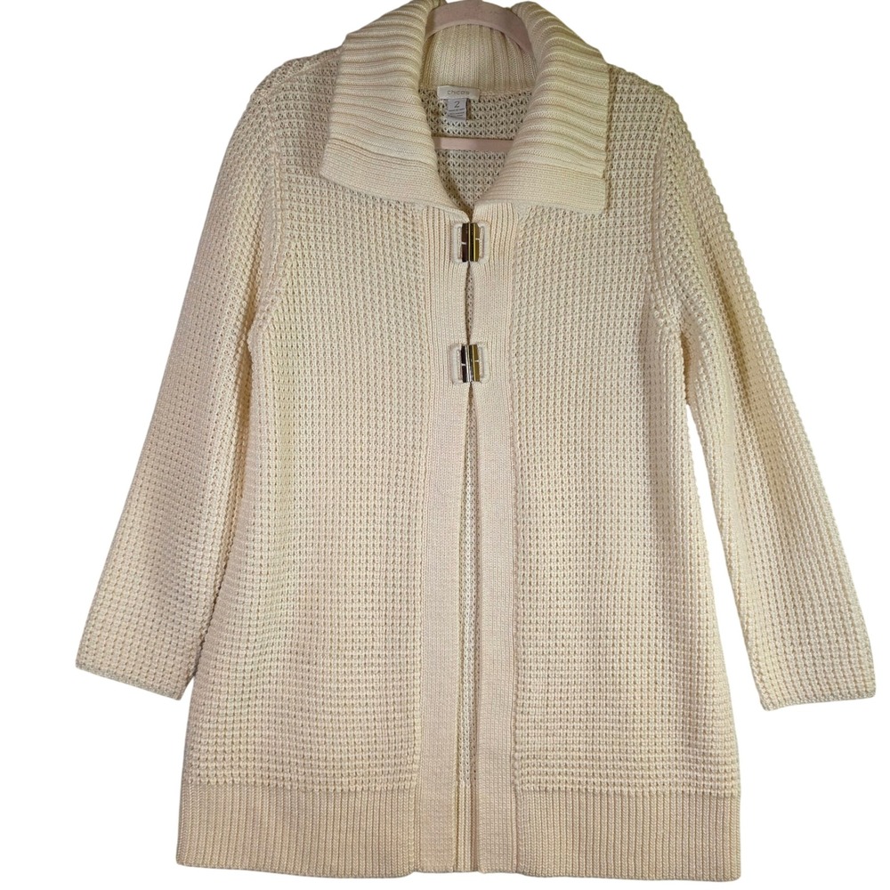 CHICO'S 2 Women's L Cream Wool Blend Chunky Knit Cardigan Classic Preppy